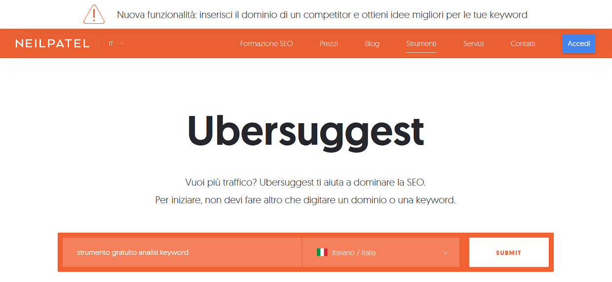 Ubersuggest - strumento per le parole chiave gratuito