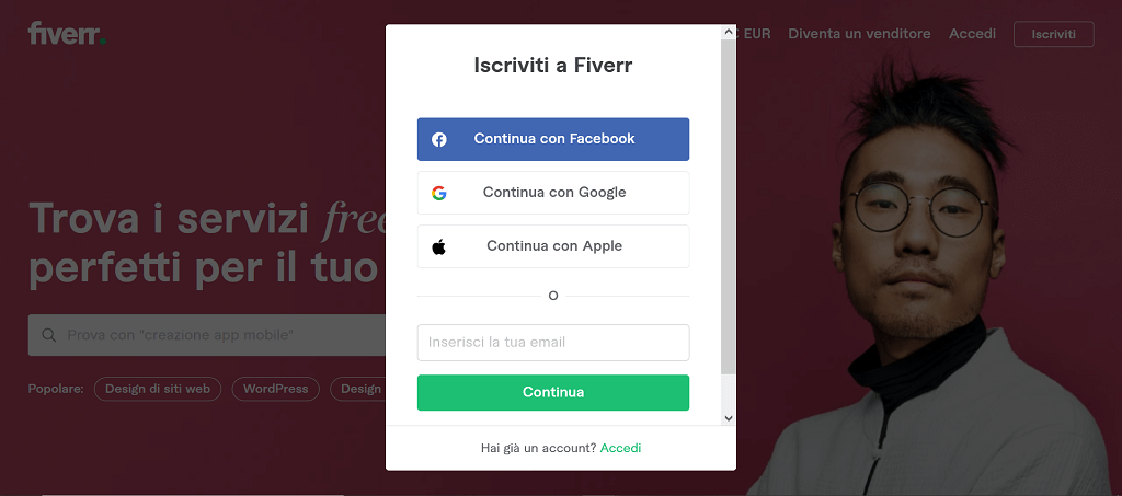 Crea un account Fiverr